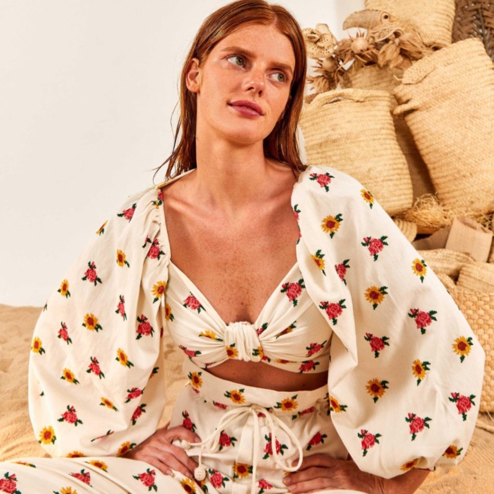 Farm Rio Mixed Cross Stitch Flowers Crop Top